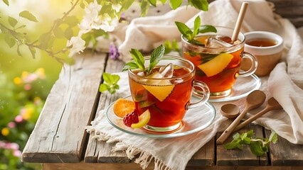 Wall Mural - Two glasses of iced tea with mint and fruits on wooden table