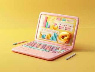 Poster - 3D business icon of a laptop computer displaying a financial report analysis and data visualization on a pastel yellow minimal background  Concept for digital analytics accounting