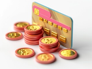 Poster - 3D rendering of a finance icon depicting a credit card with a stack of metallic coins in various gold and bronze hues  isolated on a clean white background