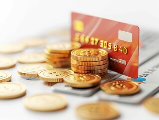 Poster - 3D of a finance icon depicting a credit or debit card with a stack of gold silver and bronze coins on a clean white background representing financial transactions savings investment