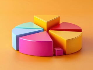 Poster - Vibrant 3D pie chart icon with different colored segments isolated on a pastel orange background  Represents data visualization financial analytics market research and business strategy planning