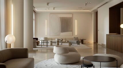 Wall Mural - an elegantly minimalist lounge area showcasing refined simplicity and contemporary sophistication, with carefully selected furnishings against a backdrop of clean lines and neutral tones