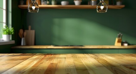 Wall Mural - Blurred kitchen interior with a green wall and wooden countertop table for product display