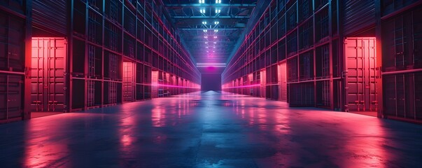 Poster - Futuristic Automated Warehouse with Neon Lit Corridors for Advanced Supply Chain Optimization