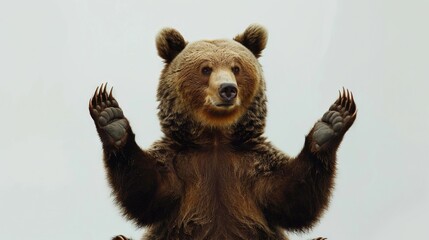 Canvas Print -  A large brown bear, standing on hind legs, lifts both hands and paws in front of it