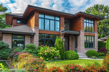 Wall Mural - A suburban house with a mix of brick and wood exterior, large windows, and a front yard with a mix of colorful flowers and green bushes.