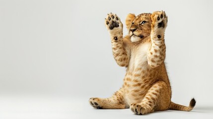Canvas Print -   A tiny tiger cub stands proudly, balancing on hind legs with hands raised high