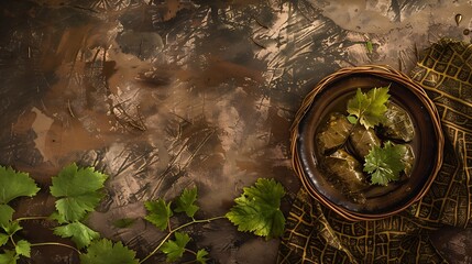 Wall Mural - Yalngi Grape leaves or ylangy arabic cold mezzeCaucasian traditional Dolma  minced meat in grape leaves : Generative AI