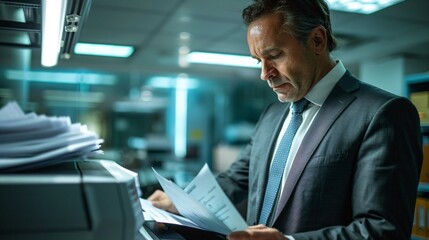 Poster - Documentary Photography of a businessman in a corporate office environment, using a multifunction laser printer to print important documents. The image highlights the use of ink or toner supplies in