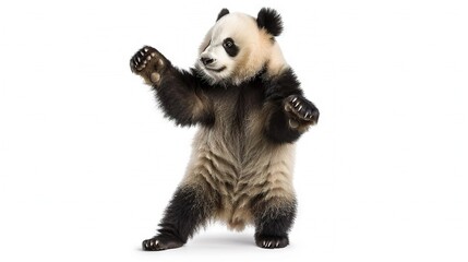 Sticker -   A monochrome panda standing upright with arms raised and paws extended