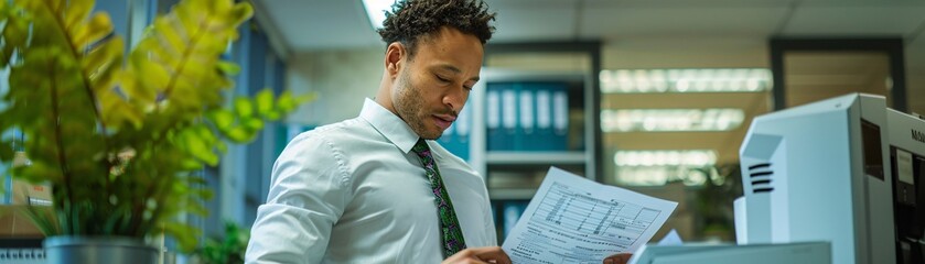 Poster - documentary photography of a businessman in a corporate office environment, using a multifunction la