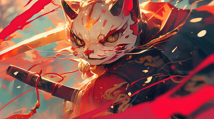 Poster - cool cat wearing japanese oni mask, anime style