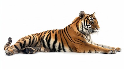 Wall Mural -   A tiger lying flat on the ground, with its front paws on its back, and head turned to the side