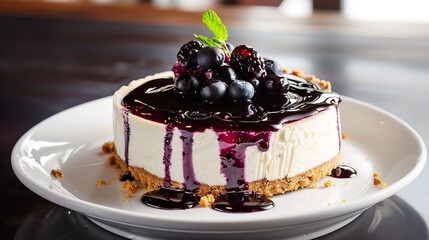 Aufkleber - The baked vanilla and berries flavour cheesecake swirled with blueberry sauce on a digestive biscuit crumb dessert : Generative AI
