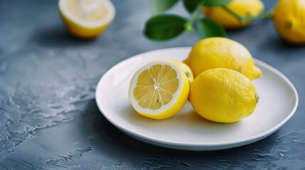 lemons on the white plate aromatic bright ceramics citrus color composition flower food fresh fruit healthy ingredient isolated juicy lemon light object organic plate refreshing : Generative AI