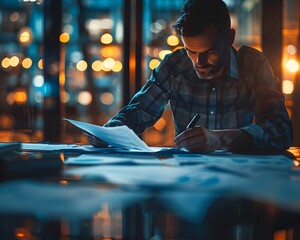 Poster - Strategic Businessperson Reviewing Financial Reports Under Soft Office Lighting