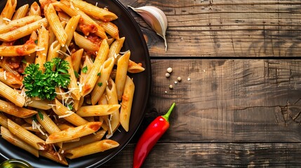 Wall Mural - Italian Traditional DishPenne allarrabbiataor Spicy penne pastapenne pasta with tomato saucechilli peppergarlicolive oilsalt and parleys on plate with wooden table backgroundCopy space : Generative AI