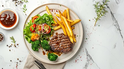 Wall Mural - bbq grilled juicy wagyu beef tenderloin sirloin steak in brown black pepper sauce with French fries and vegetables salad in plate on marble table western cuisine halal food hotel luxur : Generative AI
