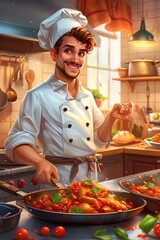 Wall Mural - chef preparing food, cartoon style