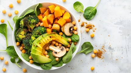 Poster - healthy vegan lunch bowl with Avocado mushrooms broccoli spinach chickpeas pumpkin on a light background vegetables salad Top view : Generative AI