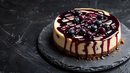 Aufkleber - The baked vanilla and berries flavour cheesecake swirled with blueberry sauce on a digestive biscuit crumb dessert : Generative AI