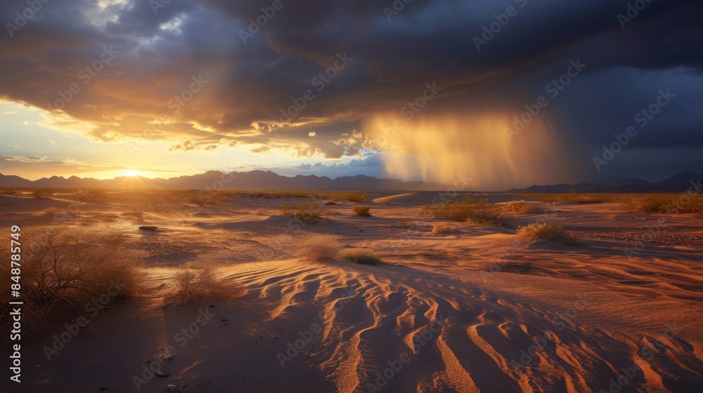 Sunlight breaking through clouds in desert landscape, A captivating ...