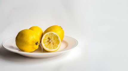 lemons on the white plate aromatic bright ceramics citrus color composition flower food fresh fruit healthy ingredient isolated juicy lemon light object organic plate refreshing : Generative AI