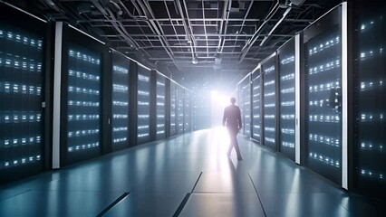 Poster - man walking through modern server room generative ai