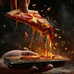 Wall Mural - slice of pizza pulled out of the smartphone
