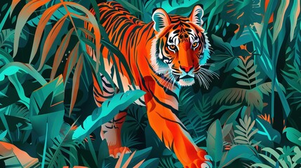 Canvas Print -   A tiger walking through a jungle, surrounded by green and orange foliage Plants framing its face on either side