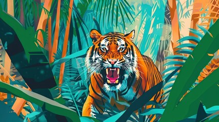 Wall Mural -   A tiger in a jungle with an open mouth, surrounded by palm trees