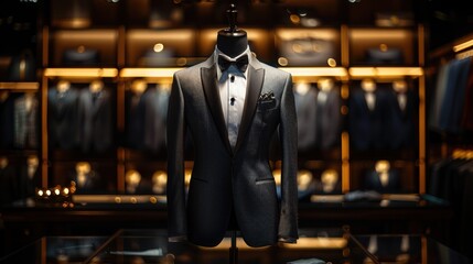 Wall Mural - An isolated black background shows a gray suit and a tuxedo displayed on a mannequin.