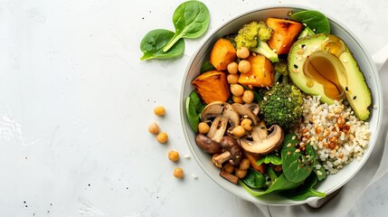 Sticker - healthy vegan lunch bowl with Avocado mushrooms broccoli spinach chickpeas pumpkin on a light background vegetables salad Top view : Generative AI