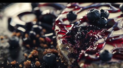 The baked vanilla and berries flavour cheesecake swirled with blueberry sauce on a digestive biscuit crumb dessert : Generative AI