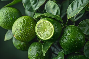 Wall Mural - Fresh Limes with Water Droplets on Leafy Branch - Citrus, Organic, Refreshing, Nature's Bounty - Ideal for Cooking, Beverage Promotions, Posters