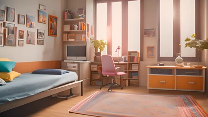 Poster - modern bedroom with desk and large window generative ai