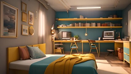 Poster - modern bedroom with teal accent wall and desk generative ai