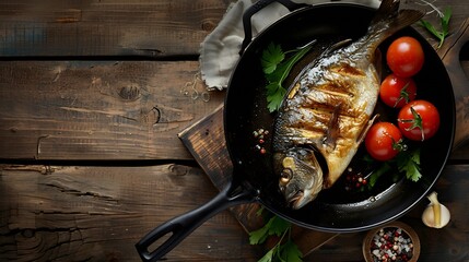 Wall Mural - Whole baked sea bream in frying pan on wooden table : Generative AI