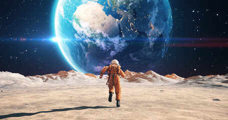 Wall Mural - young male astronaut in space suit running on alien planet. planet mars is visible. space related ma