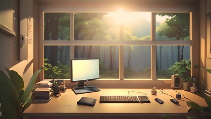 Poster - desk by window with forest view at sunset generative ai