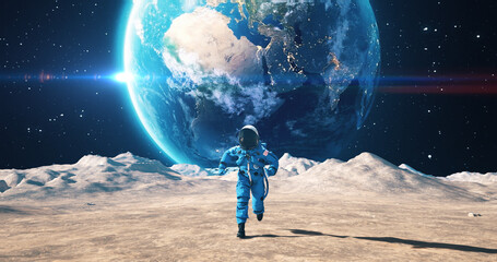Wall Mural - brave astronaut running on the surface of the satellite moon among craters. planet earth is visible 