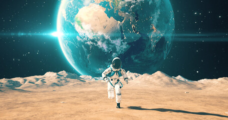 Wall Mural - brave young male astronaut in space suit confidently running on mars. planet earth is visible in sky