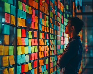 Poster - Vibrant Brainstorming Session with Colorful Sticky Notes on Glass Wall