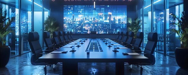 Poster - Sleek Conference Room with Executives Participating in Digital Business Meeting via Large Monitors