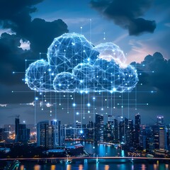 Poster - Interconnected Digital Network Cloud Hovering Over Illuminated Cityscape Symbolizing Business Technology and Communication