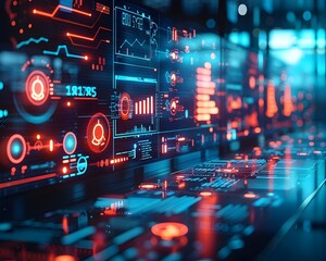 Poster - futuristic digital communication and business analytics displayed on interactive interface in modern