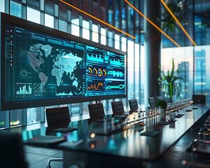 Poster - Digital Business Analytics and Communication Tools Displayed on Large Screen in Corporate Boardroom