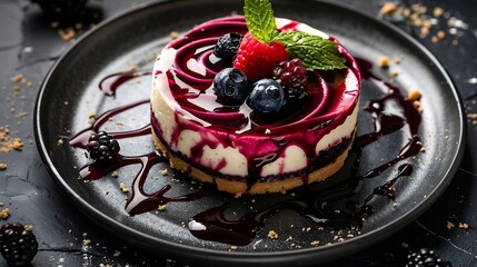 Aufkleber - The baked vanilla and berries flavour cheesecake swirled with blueberry sauce on a digestive biscuit crumb dessert : Generative AI