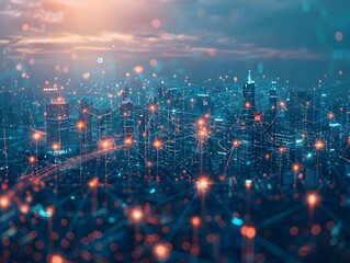 Poster - glowing digital communication networks overlaying a futuristic city skyline at night