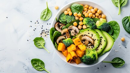 Poster - healthy vegan lunch bowl with Avocado mushrooms broccoli spinach chickpeas pumpkin on a light background vegetables salad Top view : Generative AI